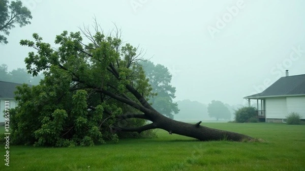 Fototapeta Fallen tree rests on verdant lawn near residential dwellings in misty weather conditions