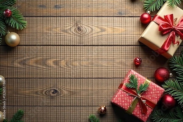 Fototapeta Rustic Wooden Background with Wrapped Presents and Festive Ornaments for Holiday Season