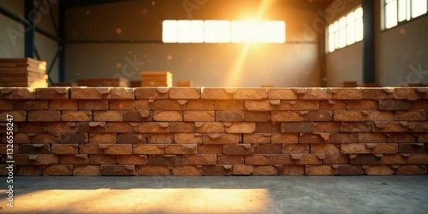 Fototapeta Golden Hour Illumination on a Stack of Brick-like Units in an Industrial Setting