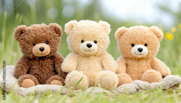 Fototapeta Three teddy bears sitting in a grassy field