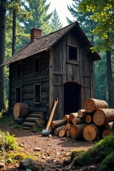 Fototapeta Rustic Wooden Cabin nestled amongst towering evergreens, a weathered axe rests beside a stack of felled logs, sunlight filtering through the dense canopy.