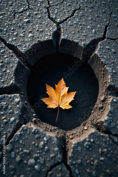 Fototapeta A solitary autumn leaf rests within a cracked earth cavity