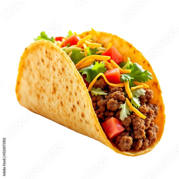 Fototapeta Classic crunchy taco with seasoned ground beef, shredded lettuce, diced tomatoes, and shredded cheddar cheese, high-resolution food photography