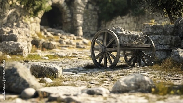 Obraz Old wooden cart on a stone path with a stone archway in the background