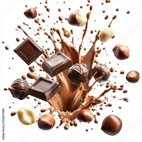 Fototapeta chocolate isolated on white background, 
Composition of flying pieces of chocolate, white background, isolated objects, realistic, cut chocolate