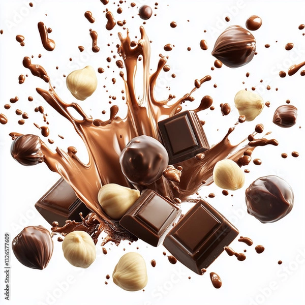 Fototapeta chocolate isolated on white background, 
Composition of flying pieces of chocolate, white background, isolated objects, realistic, cut chocolate