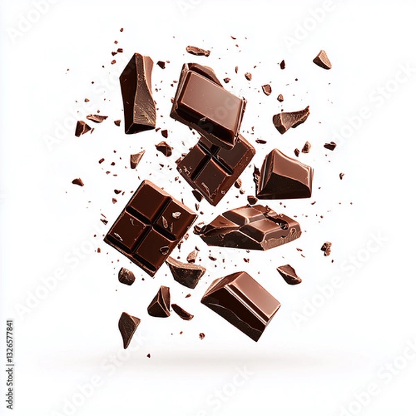 Fototapeta chocolate pieces on white, chocolate isolated on white background, 
Composition of flying pieces of chocolate, white background, isolated objects, realistic, cut chocolate