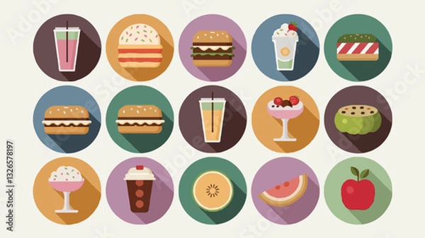 Obraz Flat Food Icons Collection with Drinks, Snacks, and Meals