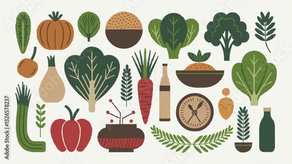 Obraz Fresh Vegetables and Herbs Icons in Flat Design