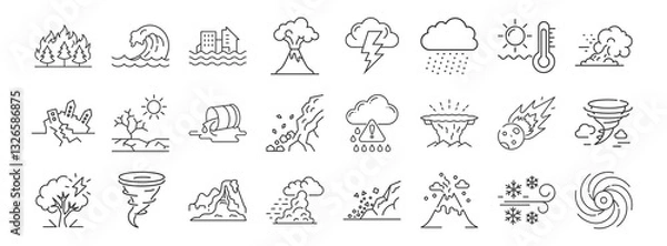 Obraz Disaster, weather hazard line icon set. Vector pictograms of natural and environmental calamities, wildfire, earthquake, tornado, flood, tsunami, volcanic eruption, blizzard thin linear illustration.