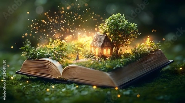 Fototapeta Whimsical fairy tale kingdom emerging from the pages of an open book set in a lush meadow landscape featuring enchanted forests tiny knights and magical animals