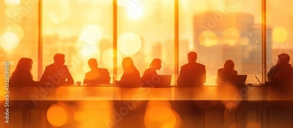 Obraz A group of business people meeting around a large glass table, the scene is lit by soft contour lighting and global illumination, perfect for corporate advertising or social media post design