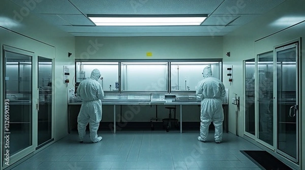 Fototapeta Two people in white full body suits working in a sterile laboratory environment with lab equipment