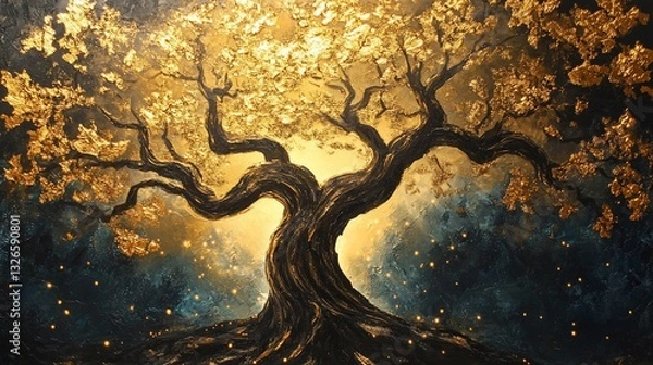 Fototapeta Golden tree with textured leaves and glowing lights on a dark textured background