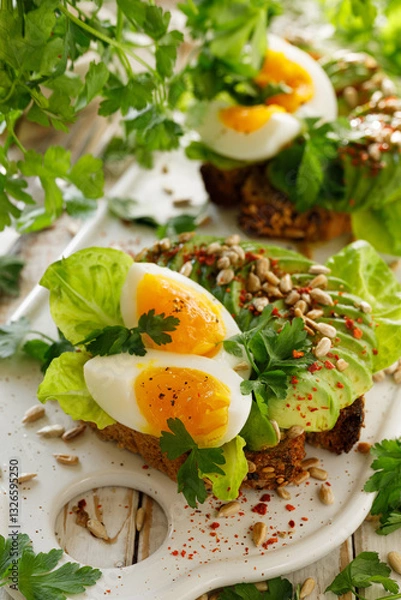 Obraz Healthy soft-boiled egg and avocado sandwich, close-up view. Easter food