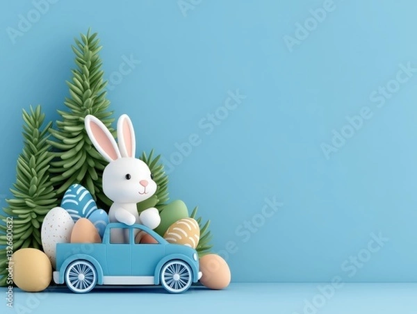 Fototapeta Playful Easter scene featuring a bunny in a blue toy car surrounded by colorful eggs