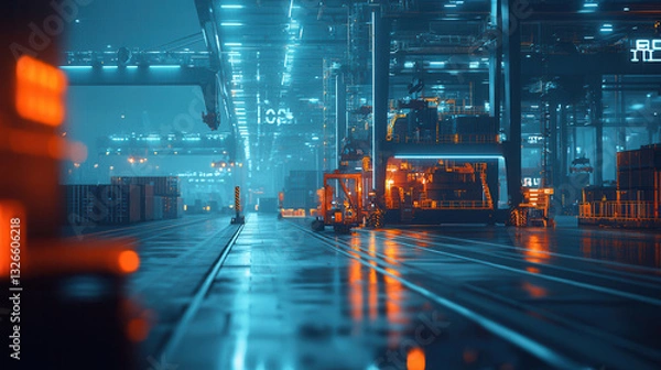 Fototapeta ultra modern port facility featuring automated equipment and vibrant lighting, showcasing advanced logistics and industrial design
