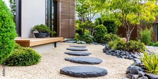 Fototapeta Modern Japanese Garden Pathway with Stone Slabs and Greenery