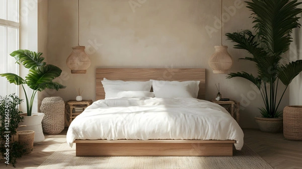 Obraz King-Size Bed in Light Boho-Style Bedroom with Tropical Plant