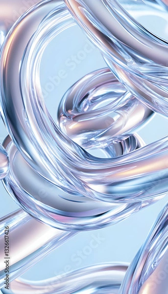 Fototapeta Abstract swirling curves of translucent, iridescent glass tubes against a soft pastel blue background