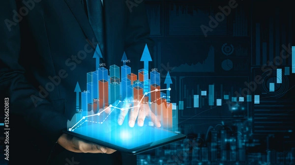 Fototapeta Double Exposure Image of Business and Finance - Businessman with report chart up forward to financial profit growth of stock market investment. uds