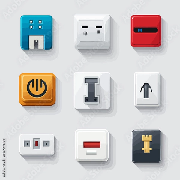 Fototapeta Collection of Various Electrical Outlets and Switches on White Background