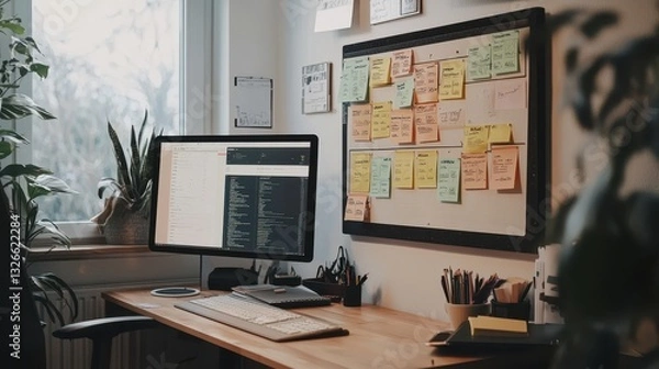 Fototapeta Minimal Home Desk with Task Board