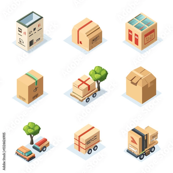 Fototapeta Isometric delivery boxes and transport vehicles, shipping and logistics concept.