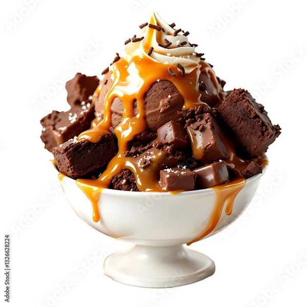 Fototapeta Caramel brownie sundae with chocolate ice cream, warm caramel sauce, fudge brownie chunks, chocolate shavings, whipped cream, and salted caramel drizzle, high-resolution food photography
