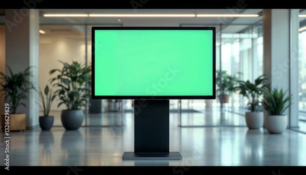 Fototapeta A large digital display with a green screen in a modern office lobby, surrounded by indoor plants, creating a fresh and inviting atmosphere