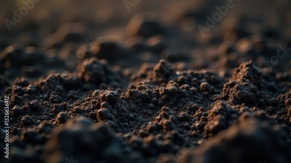 Fototapeta Close-up Texture of Dark Brown Soil Illuminated by Golden Sunlight Revealing Rich Details and Uneven Surface