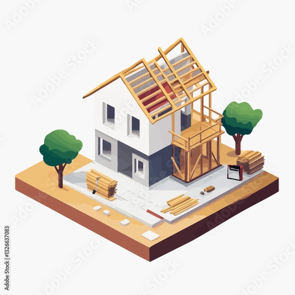 Fototapeta Isometric view of a house under construction, building process concept.