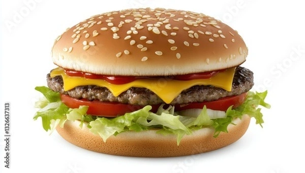 Fototapeta Juicy cheeseburger with fresh lettuce and ripe tomato sitting on a white background in close-up view