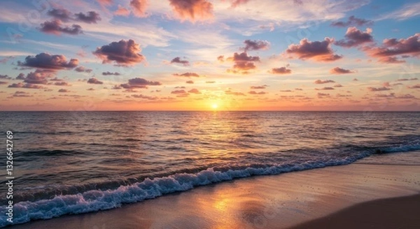 Fototapeta Serene Sunset Ocean Beach - Stunning sunset over a calm ocean beach, soft waves lapping the shore. Peaceful and tranquil scene