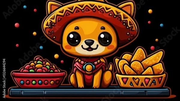 Obraz Fiesta Pup  Chihuahua in sombrero, enjoying nachos and salsa