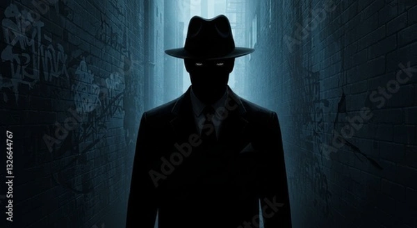 Fototapeta Shadowy Figure in Alleyway - Mysterious man in a fedora, standing in a dimly lit alleyway with graffiti-covered walls. A sense of intrigue and suspense