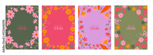 Fototapeta Set of greeting cards / posters in a modern minimalistic style. illustrations of wildflowers, Narcissus flower, Crocus flowers, tulip flower, flowers in vase, bouquet. Hand drawn Floral invitation.