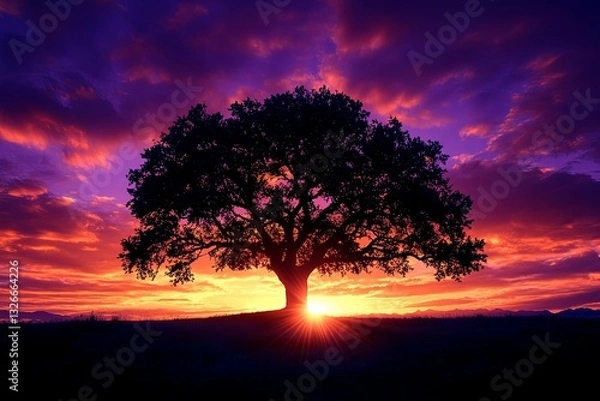 Obraz Majestic silhouette of a tree against a vibrant sunset sky