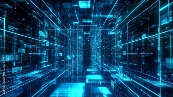 Fototapeta Futuristic digital grid with glowing blue nodes and vibrant lines
