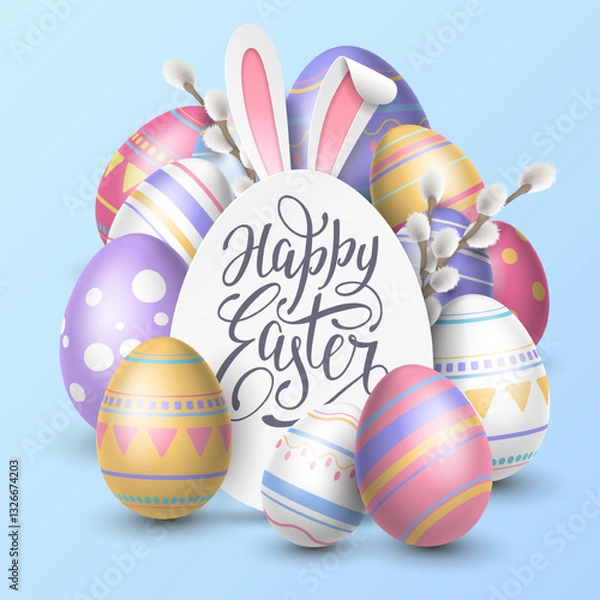 Obraz Festive card with an egg-shaped paper banner surrounded by realistic willow sprigs, paper cutout bunny ears and painted patterned 3D eggs on a blue background. Holiday card with Happy Easter lettering
