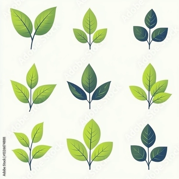 Fototapeta Green leaf vector icon set isolated on white background, simple flat design logo style. Collection of green tea leaves symbols for natural, organic products, and environmental protection concepts. Per