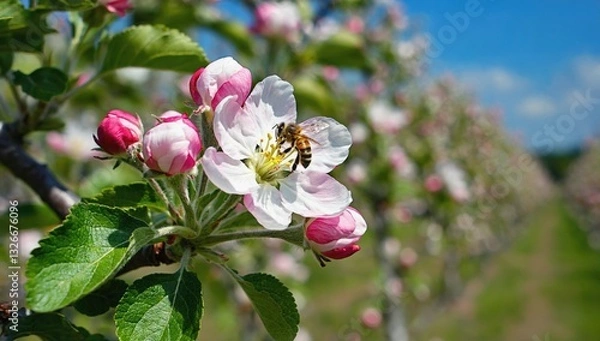 Fototapeta A beautiful orchard in full bloom with rows of apple trees, a honeybee gathering pollen from a fresh blossom.
