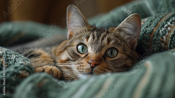 Fototapeta cat lazily lying on a green blanket and looking at the camera.