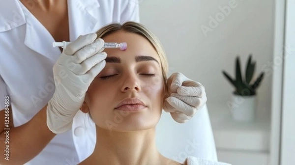 Fototapeta Skincare specialist performing non-invasive PRP therapy for facial firming and hydration captured in a clinical white setting with high-definition accuracy.