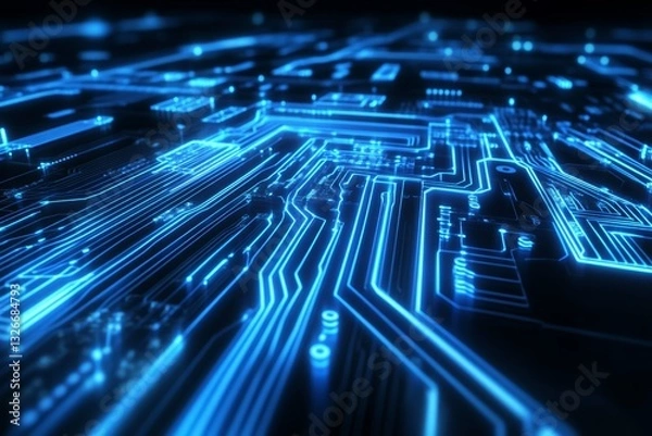 Obraz Dynamic neon blue circuit board glowing with data pulses
