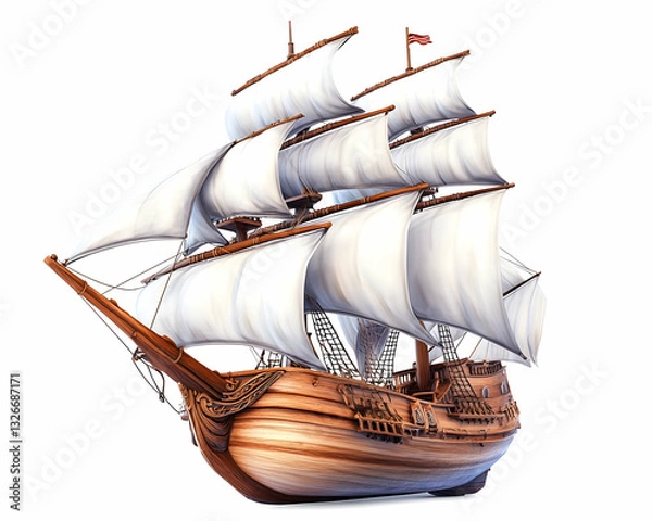 Fototapeta Wooden sailing ship with large white sails