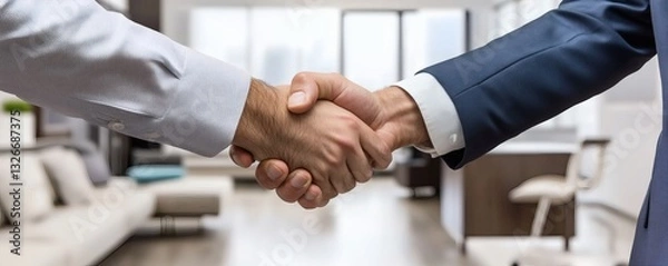 Fototapeta Two individuals shaking hands to show mutual agreement and success