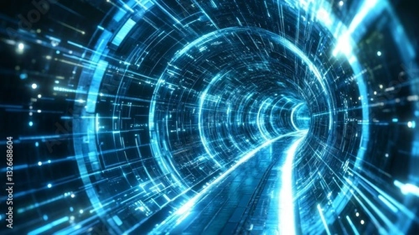 Fototapeta Futuristic digital tunnel with glowing blue lines and data particles
