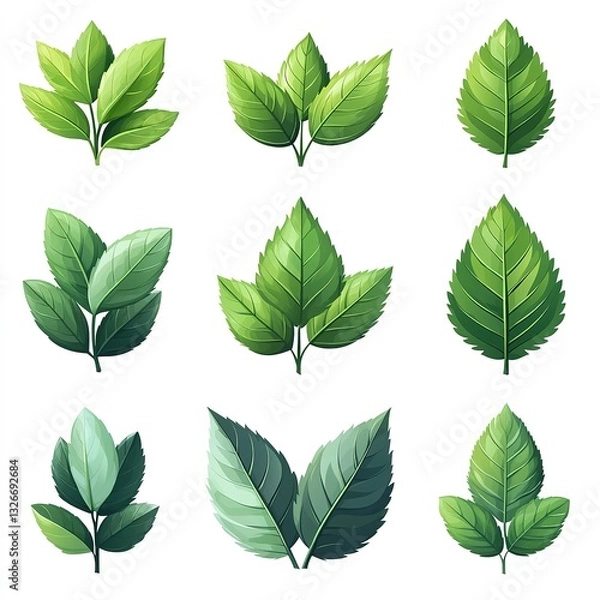 Fototapeta Green leaf vector icon set isolated on white background, simple flat design logo style. Collection of green tea leaves symbols for natural, organic products, and environmental protection concepts. Per