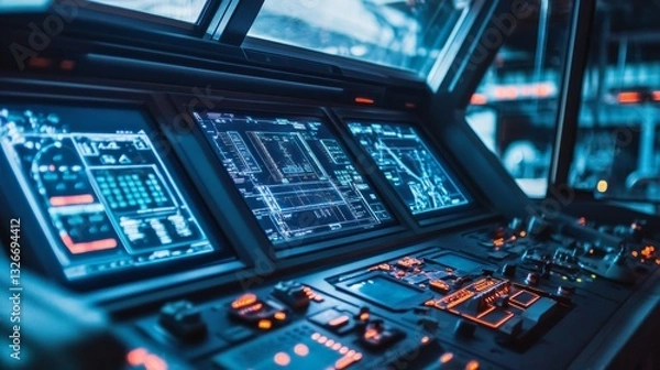 Obraz Futuristic control panel with holographic screens and data interfaces
